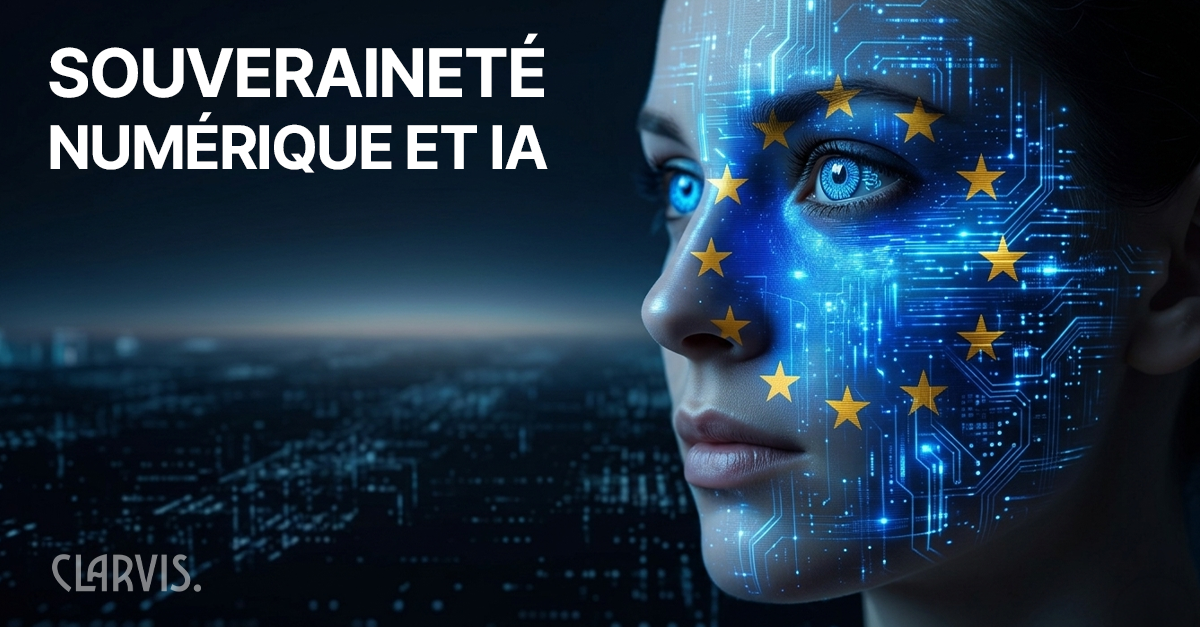 Image qui représente une femme qui regarde vers l'horizon avec aussi le drapeau de l'Europe. L'image faite par Clarvis by Marc STELIGA parle de souveraineté numérique et IA