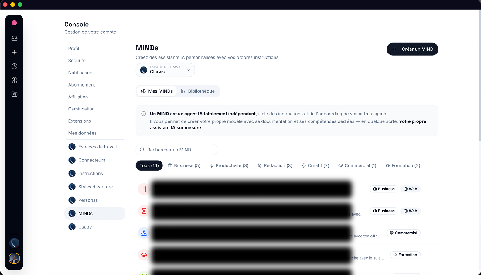 espace de configuration des MINDS YOUPI