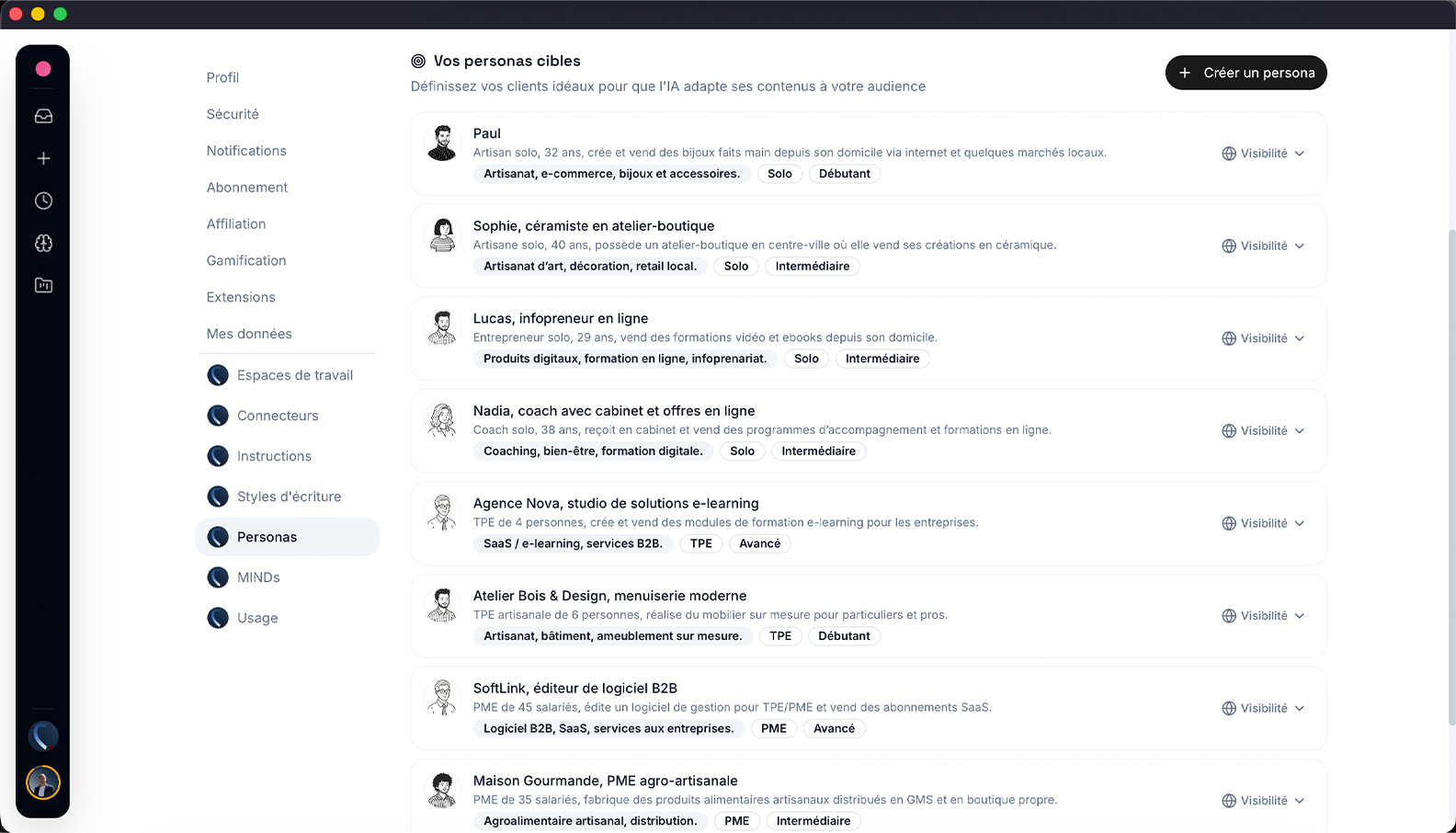 Espace de configuration des personas YOUPI