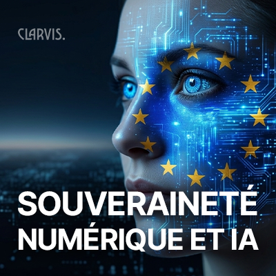 Image qui représente une femme qui regarde vers l'horizon avec aussi le drapeau de l'Europe. L'image faite par Clarvis by Marc STELIGA parle de souveraineté numérique et IA